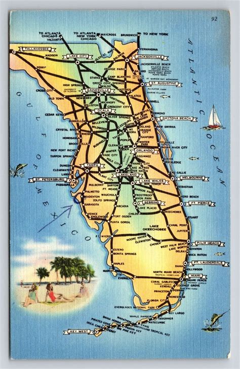 Florida Map Cities and Highways Linen Vintage Postcard | eBay