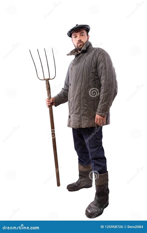 Peasant Worker Man With Pitchfork In Hand On White Background Stock