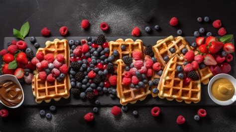 Premium AI Image Delicious Belgian Waffles With Berries Fruits