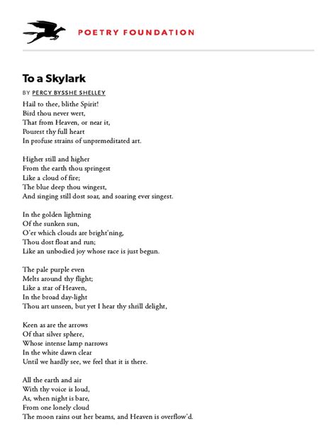 To A Skylark by Percy Bysshe Shelley - Poetry Foundation PDF | PDF | Nature