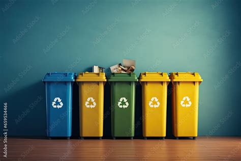 Collection of waste bins full of different types of garbage, recycling ...