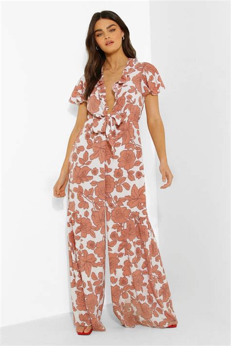 Floral Wide Leg Plunge Jumpsuit Boohoo