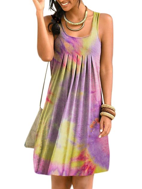 Womens Summer Plus Size Sleeveless Tie Dye Beach Swing Sundress Short Dresses