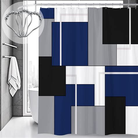 Modern Blue Grey Shower Curtain Black And Blue Geometric Fabric Shower