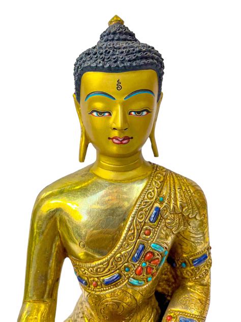 Buddhist Statue Of Shakyamuni Buddha Full Gold Plated Painted Face