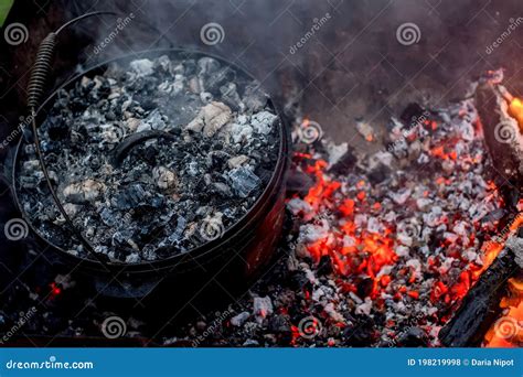 Dutch Oven Campfire Cooking With Coal On Top Stock Photo Image Of