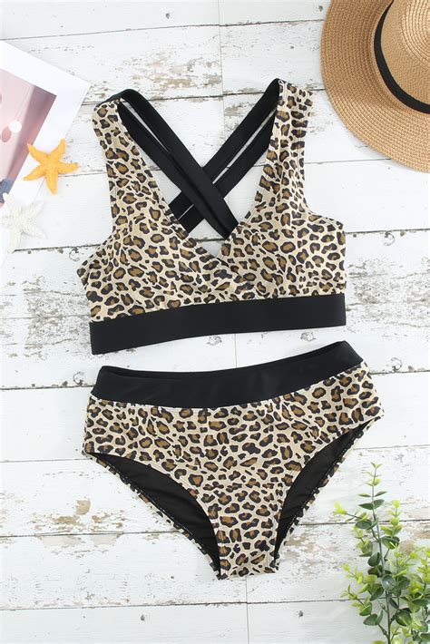 Us Drop Shipping Leopard Print Criss Cross Back Bikini Set For Women