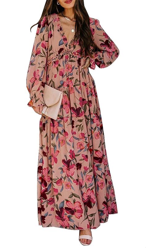 Blencot Womens Casual Floral Deep V Neck Long Sleeve Long Evening Dress