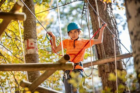 Beautiful Little Girl Having Fun In Adventure Park Montenegro Stock