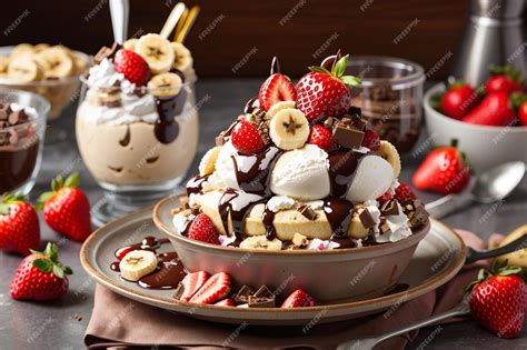 Premium Ai Image Sweet Homemade Banana Split Sundae With Chocolate