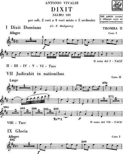 Dixit Dominus Salmo 109 RV 594 Orchestra 1 Trumpet 2 Sheet Music By