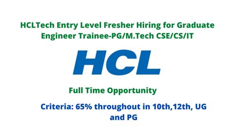 Hcltech Entry Level Fresher Hiring For Graduate Engineer Trainee Pgmtech Csecsit Seekajob