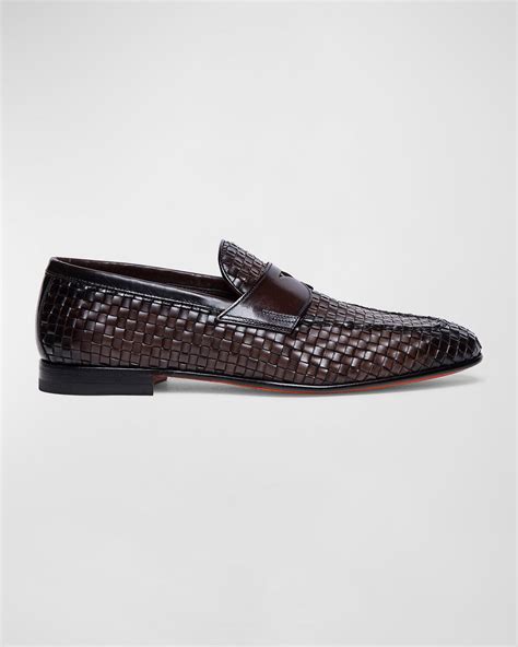 Santoni Gwendal Woven Leather Penny Loafers Dark Brown Editorialist