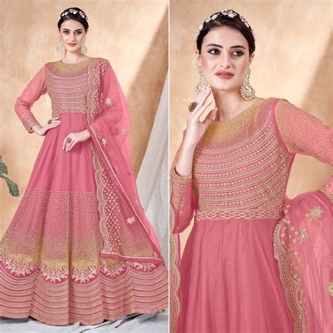 Pink Floral Embroidered Net Semi Stitched Anarkali Suit