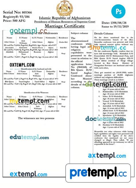 Afghan Marriage Certificate Psd Example With Fonts Pretempl