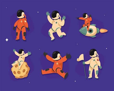 Seis Personagens De Quadrinhos De Astronautas Vetor Premium