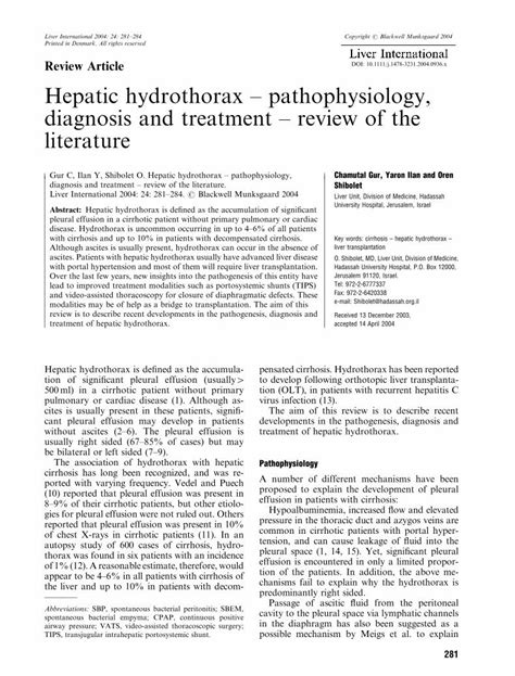 Pdf Hepatic Hydrothorax Pathophysiology Diagnosis And Treatment