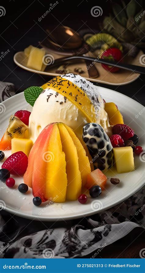 Delicious Ice Cream Sandae With Fruits And Berries Ai Generative Stock