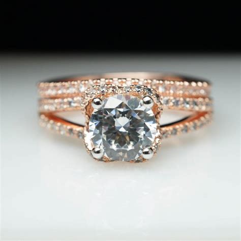 Rose Gold Halo Split Shank Diamond Engagement Ring And Wedding Band Set