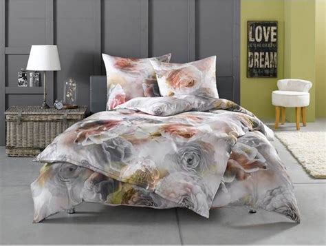 Edle Mako Satin Rosen Bettwäsche grau rosé 135x200 Baumwolle Bed