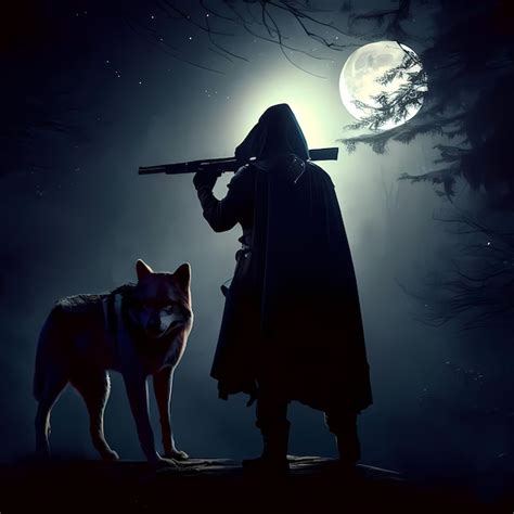 Premium AI Image | a wolf hunter with a gun is standing in the forest ...