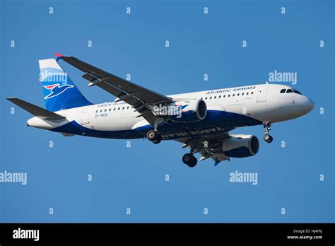 Atlantic Airways Airliner In Flight Airplane Plane Blue Sky Stock