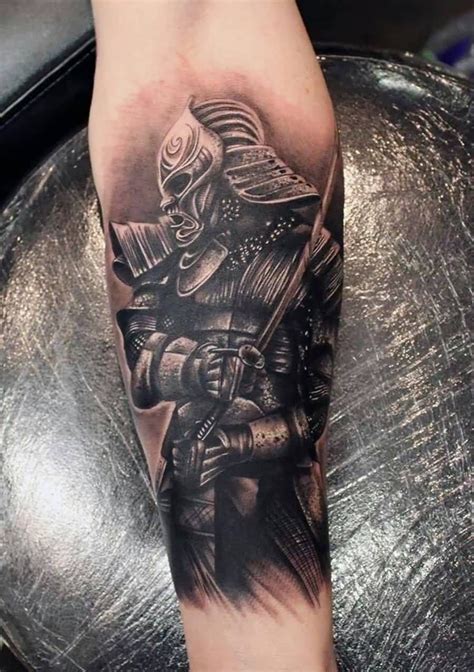 Black Ink Samurai With Sword Tattoo On Forearm Samurai Warrior Tattoo