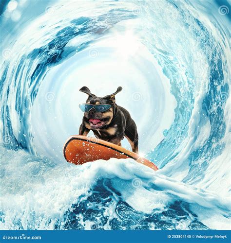 Collage with Cute Funny Bulldog Dog Surfing on Huge Wave in Ocean or ...