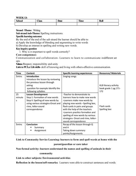 Cbc Lesson Plan Week School Class Date Time Roll Strand Theme