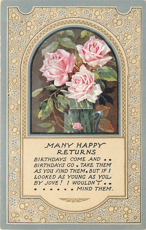 Many Happy Returns Inset Three Pink Roses In Jug Grey Borders Carte