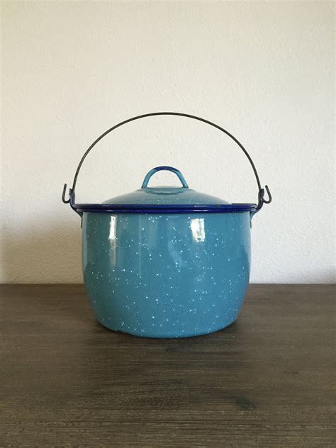 Vintage Blue Speckled Enamelware Stock Pot Blue Enamel Pot