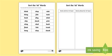 Cut And Stick Nk Word Sorting Worksheet Worksheet