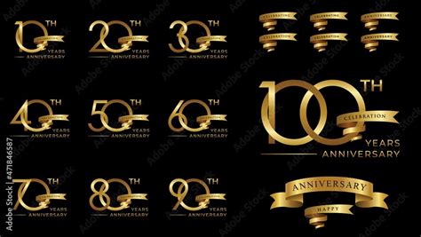 Set Of Anniversary Logotype With Gold Ribbon Golden Anniversary Celebration Emblem Design For