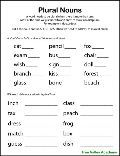 Printable Plural Nouns Worksheets For Kids Tree Valley Academy