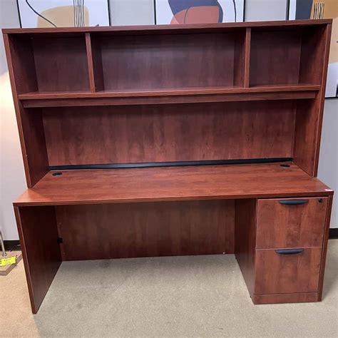 71 X 24 Cherry And Black Credenza Desk With Hutch And 1 Pedestal File