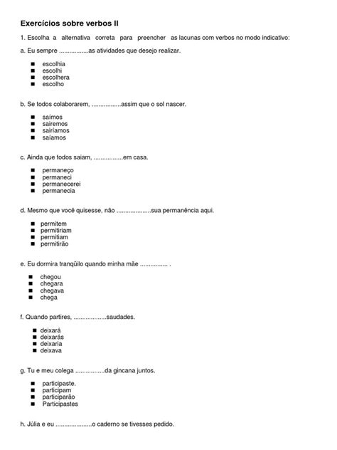 Exercícios Sobre Verbos Modo Indicativo Ii Pdf Pdf