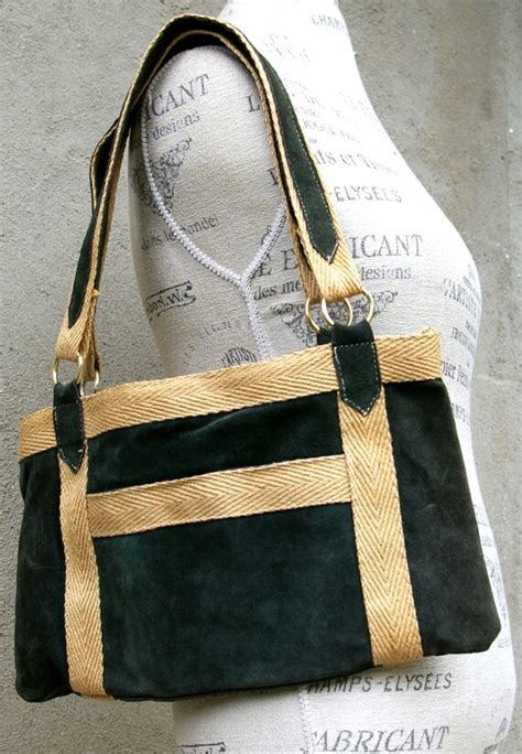 Vintage Suede Forest Green Purse Leather Handbag By Feelzlikehome
