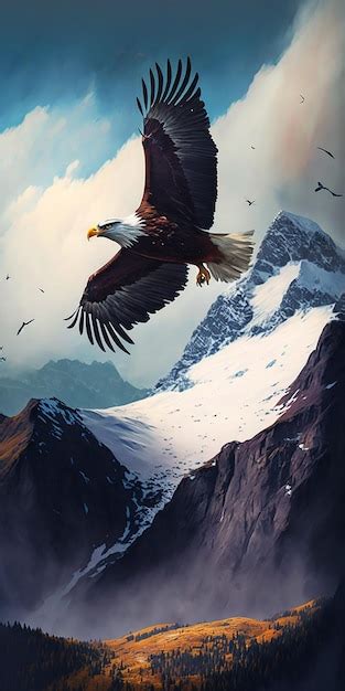 Premium Ai Image A Painting Of A Bald Eagle Flying Over A Snowy Mountain