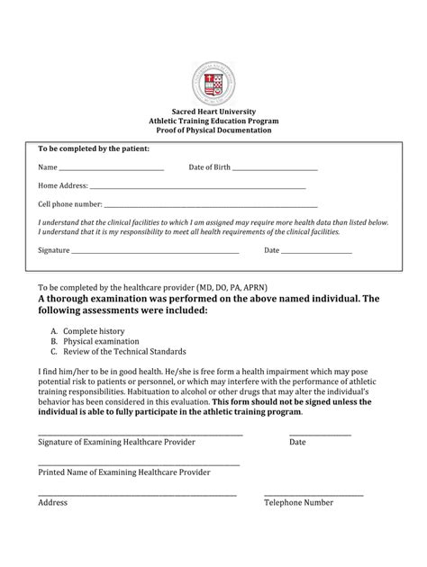 Fillable Online Sacredheart Proof Of Physical Form Docx Sacredheart