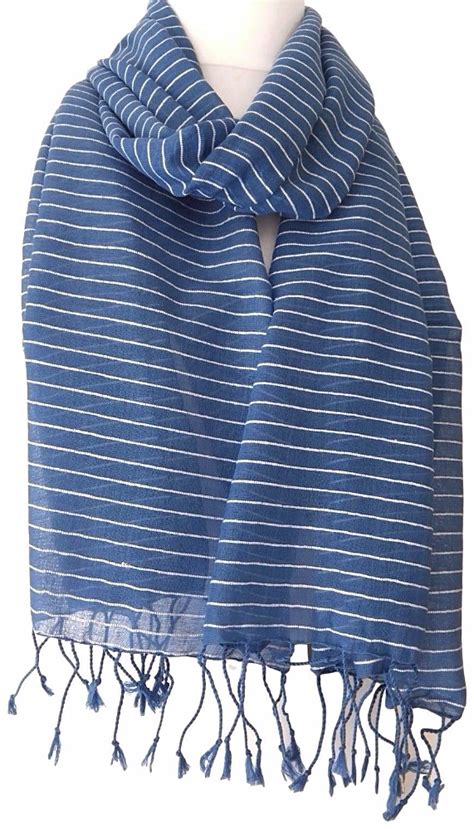 Lightweight Blue And White Striped Scarf Hand Woven Cotton Fabric With