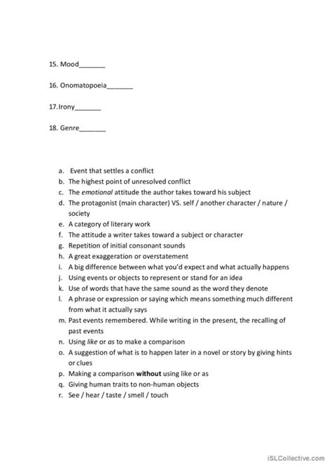 Literary Elements Quiz: English ESL worksheets pdf & doc