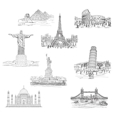 World Famous Landmarks Hand Drawn Illustration Set