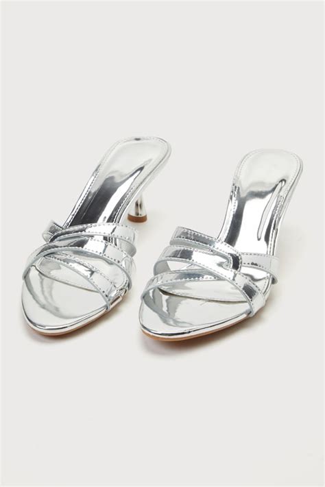 Silver Slide Sandals Shiny Strappy Sandals High Heel Sandals Lulus