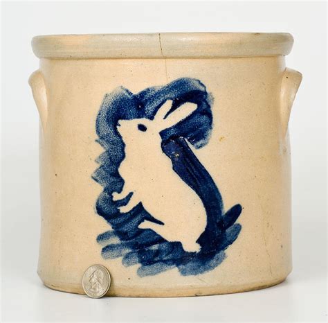 Extremely Rare Stoneware Crock W Stenciled Rabbit Design Att