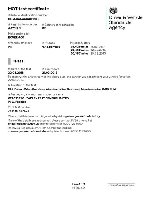 Dvsa Vt20 Mot Test Certificate New Design No Defects Pdf