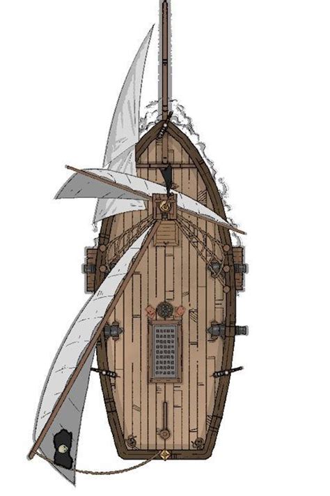 A Drawing Of A Wooden Boat With Sails On It S Side And Two Wings