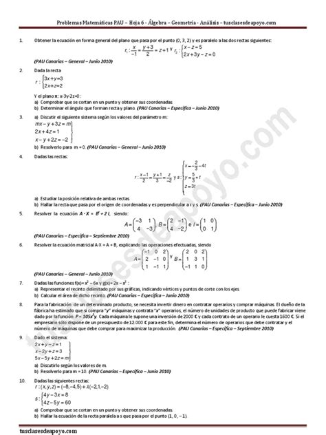 PDF Problemas resueltos PAU Hoja 6 Análisis Geometría y Álgebra