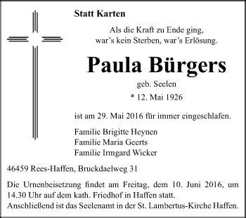 Traueranzeigen von Paula Bürgers Trauer in NRW de