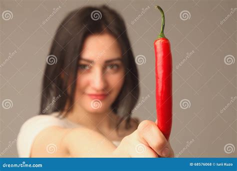 Portrait Beautiful Woman With Red Hot Chili Pepper Stock Photo Image Of Beauty Beautiful