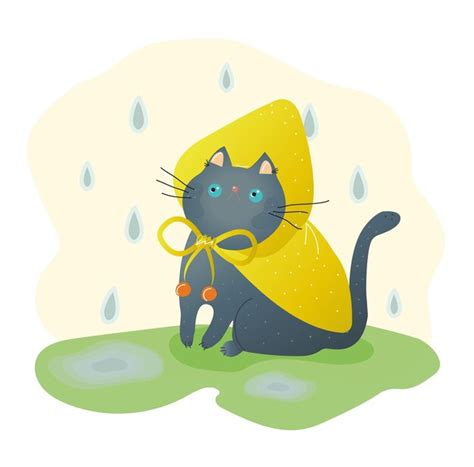 Engraçado gato cinza de mau humor em uma capa de chuva amarela senta se